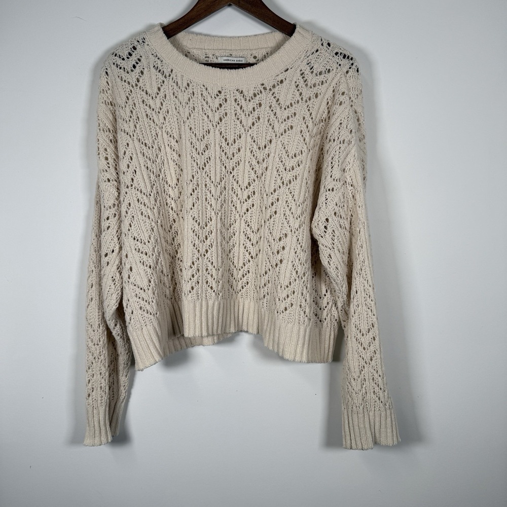 American Wsglenwomens Cream Knit Sheer Sweater Crop Size Medium Soft Casual‎